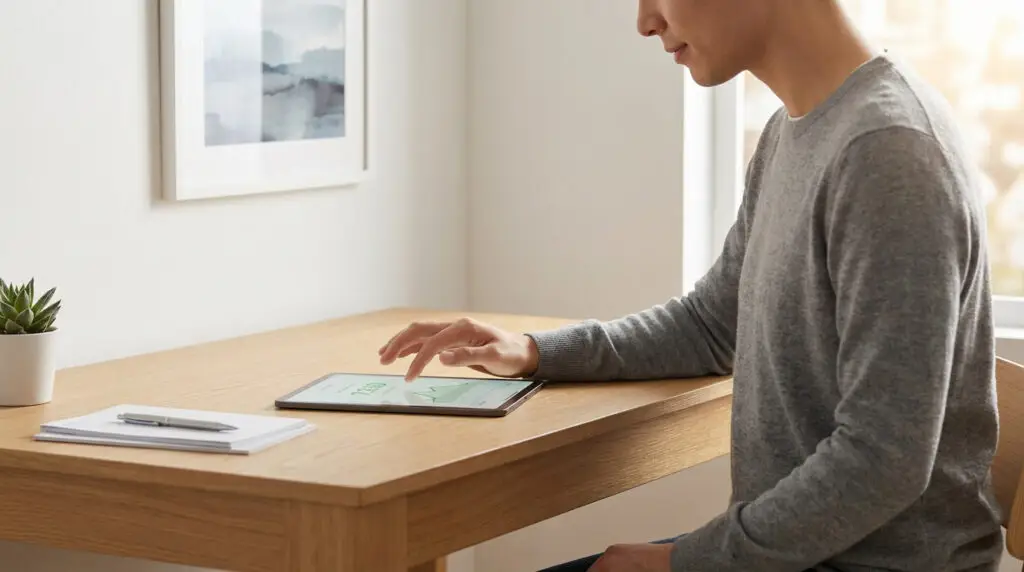A person calmly uses a tablet showing a financial debt dashboard in a minimalist home office. Desk has documents, pen, and plant.