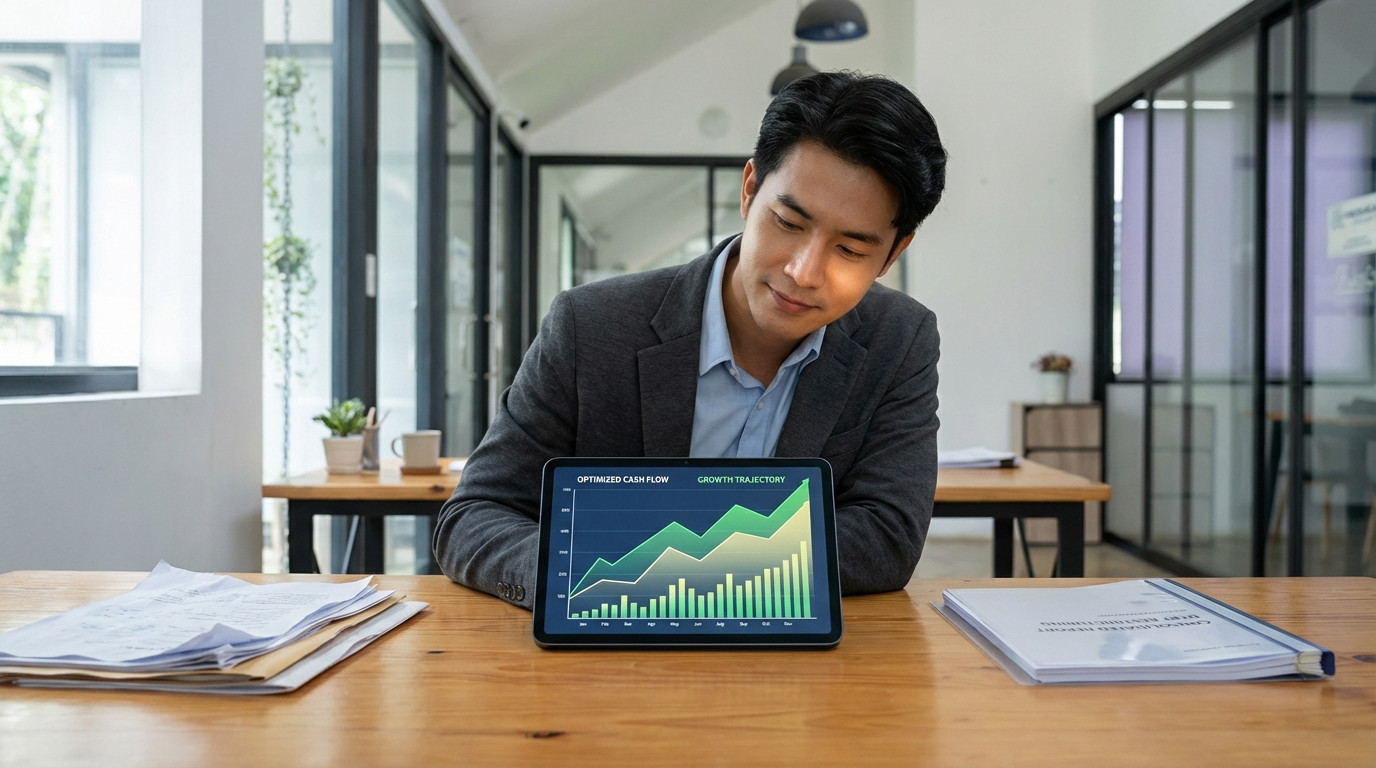 A man in business casual reviews financial growth charts on a tablet, with documents symbolizing liabilities and debt restructuring.
