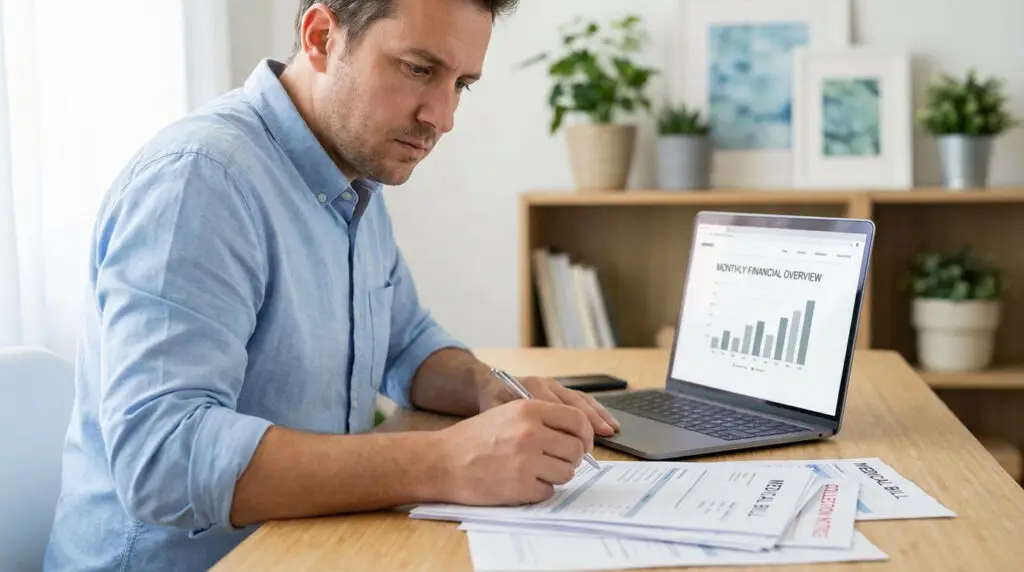 A man in a blue shirt intently reviews medical bills and a collection notice at a wooden desk, with a laptop showing a financial graph.