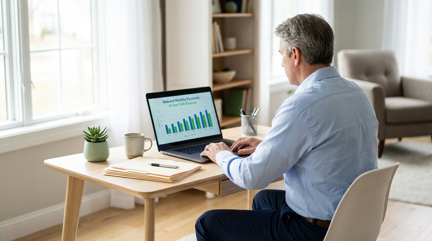 Man in smart casual wear at a modern desk, intently viewing a laptop screen showing a financial chart for reduced monthly payments. Professional home office setting.