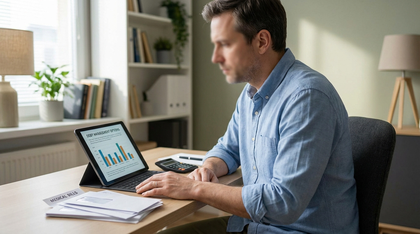 Man in home office reviewing debt management options on a tablet. Medical bills, calculator on desk. Reflective mood.