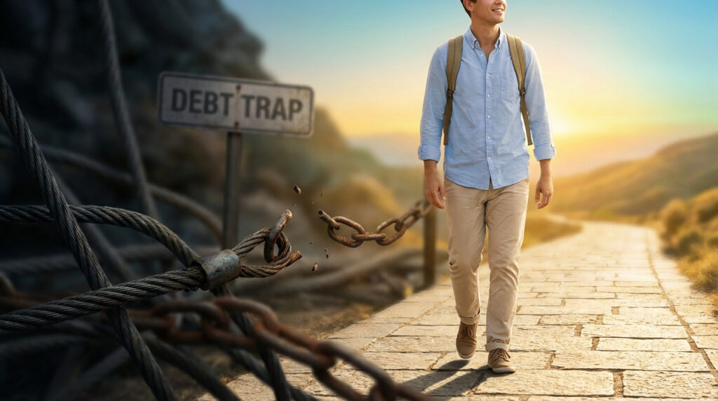 A man walks confidently on a sunlit path, leaving a broken 'Debt Trap' chain and sign behind. He faces a bright horizon, symbolizing financial freedom.