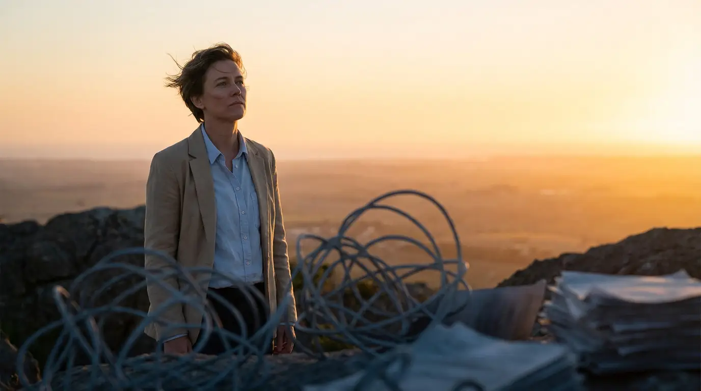 Person in blazer looks at a bright, clear horizon at sunset, with blurred abstract financial documents and wires in the foreground.