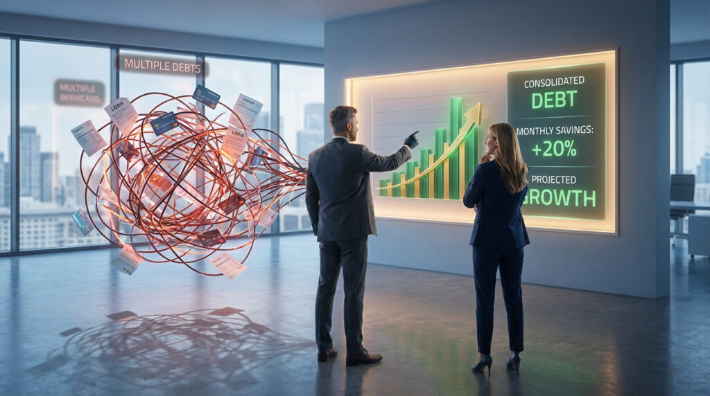 Two professionals observe debt consolidation: chaotic debts transform into a clear, upward-trending financial growth graph. Modern office setting.