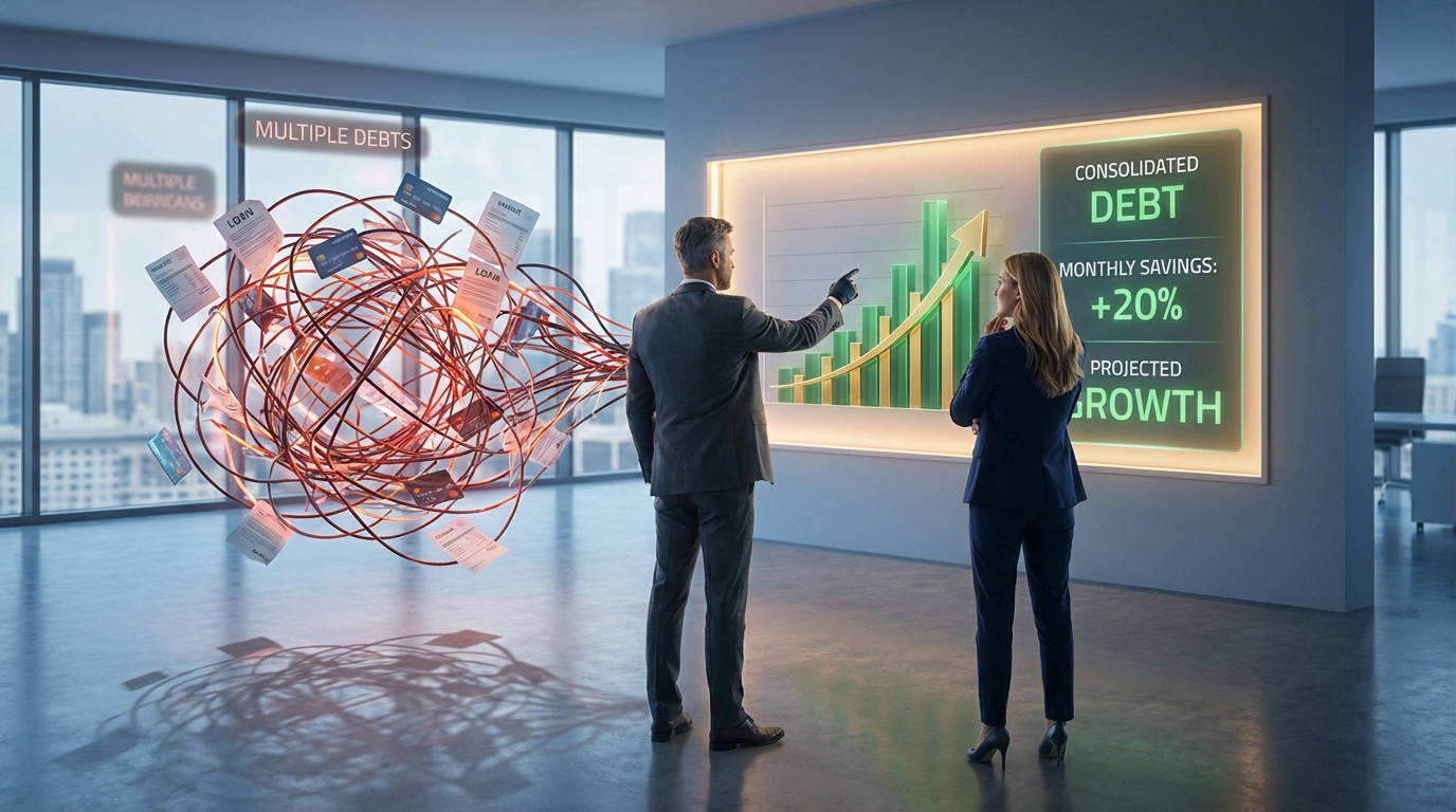 Two professionals observe debt consolidation: chaotic debts transform into a clear, upward-trending financial growth graph. Modern office setting.