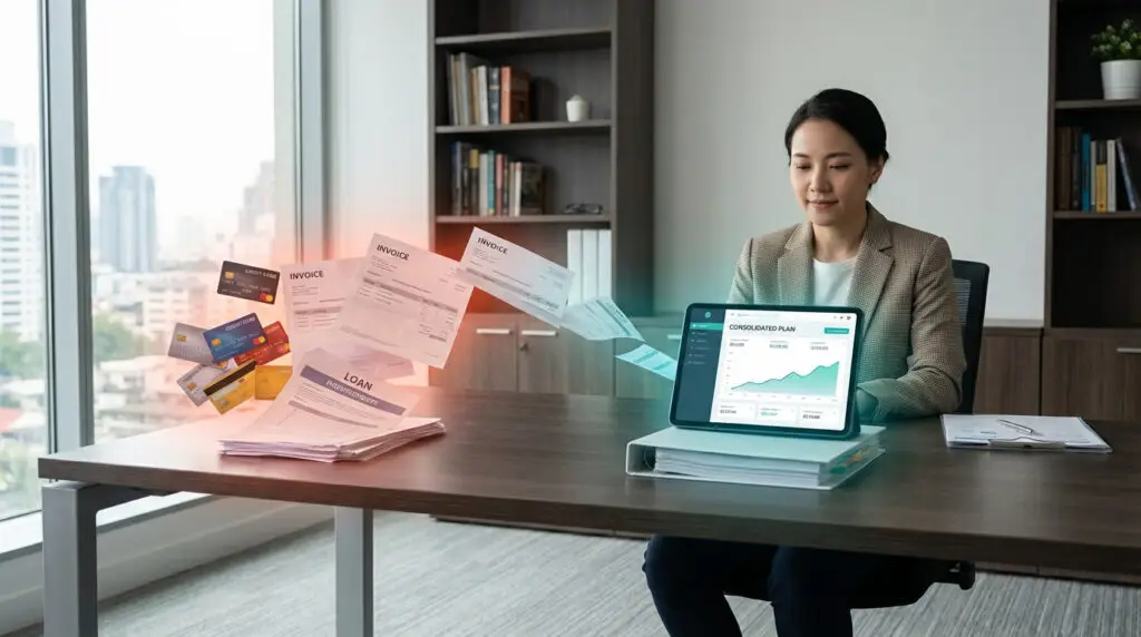 Woman managing business debt on a tablet. Credit cards, invoices, and loans digitally flow into a consolidated financial plan.