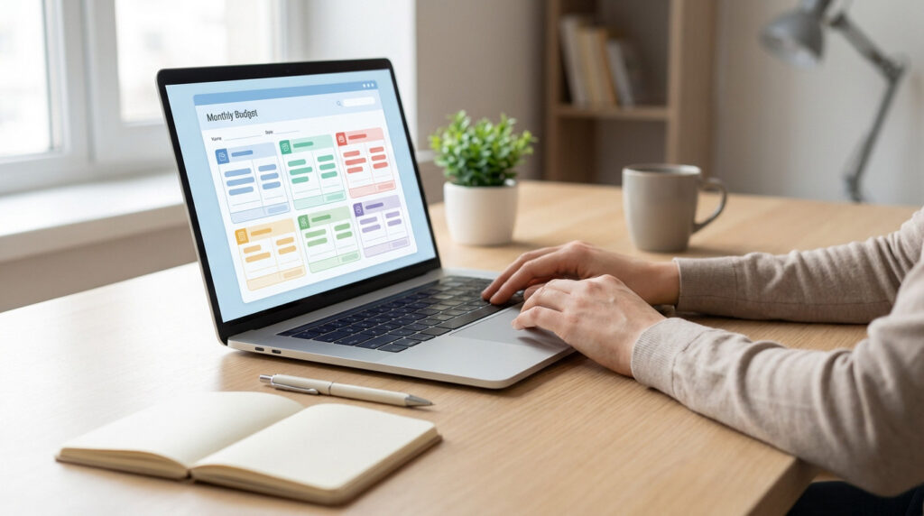 Hands typing on a laptop displaying a digital budget. A pen and notebook rest on a light desk in a bright, modern workspace.