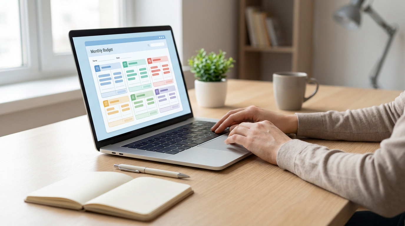 Hands typing on a laptop displaying a digital budget. A pen and notebook rest on a light desk in a bright, modern workspace.