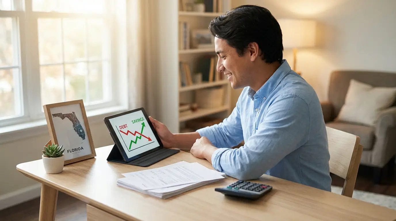 A smiling man in Florida views a tablet showing debt decreasing and savings increasing, with financial documents on his desk.