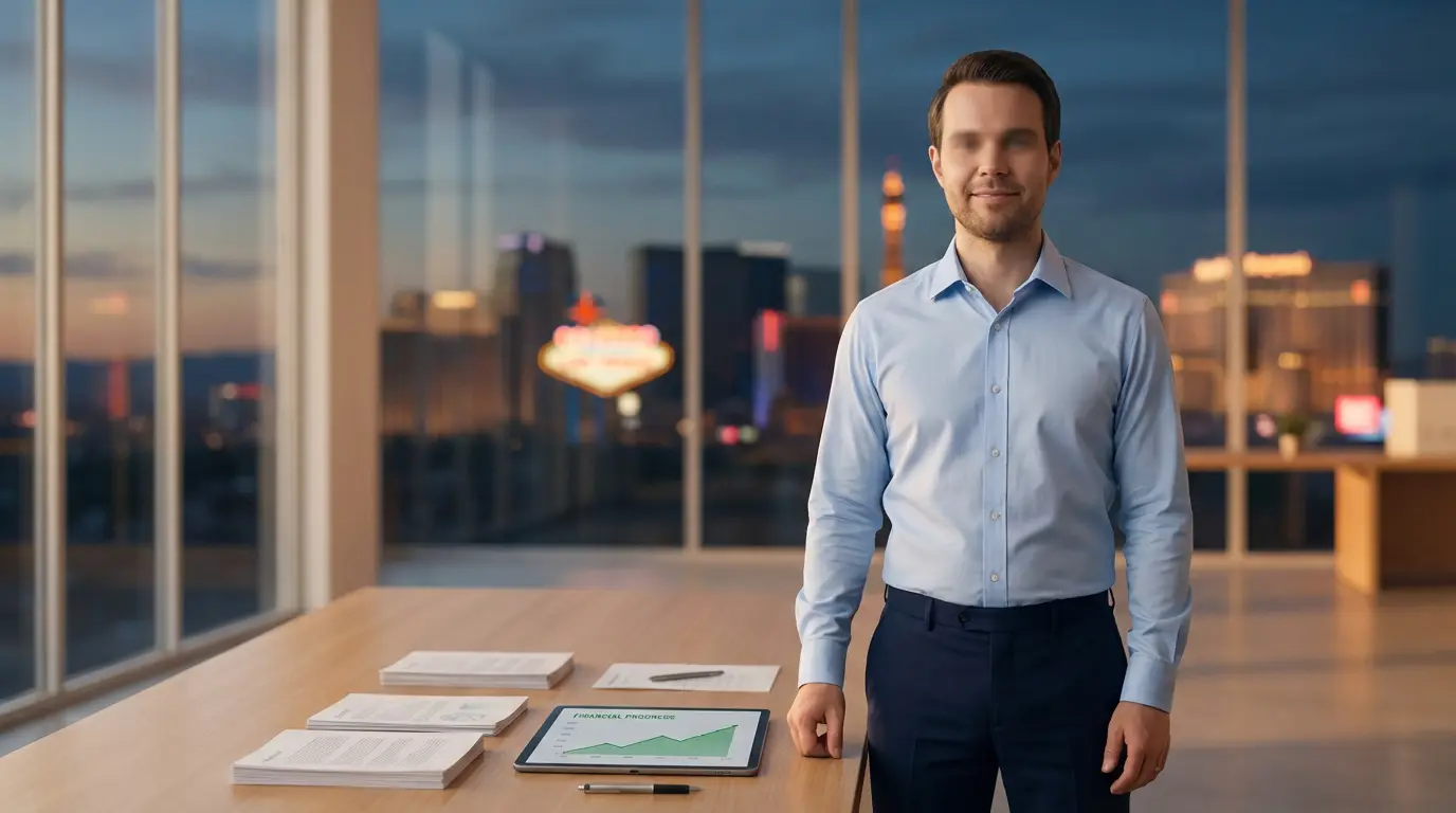 Professional man in a Las Vegas office, tablet shows 'Financial Progress' graph. Represents debt consolidation success.