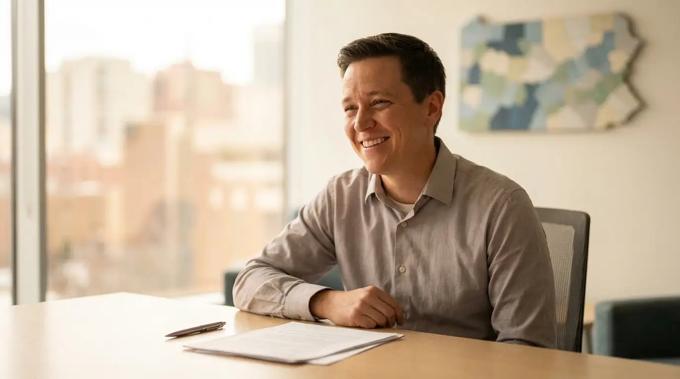 A smiling man sits at a desk in a bright office, with papers and a pen, and a stylized map of Pennsylvania on the wall.