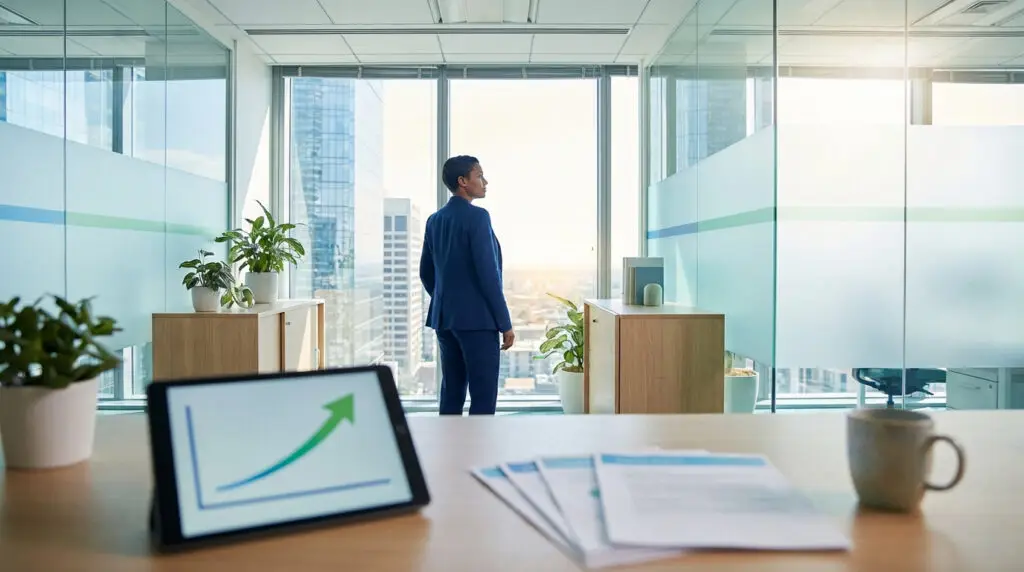 Professional in modern office looks at city view; tablet on desk displays an upward growth graph, symbolizing financial progress.