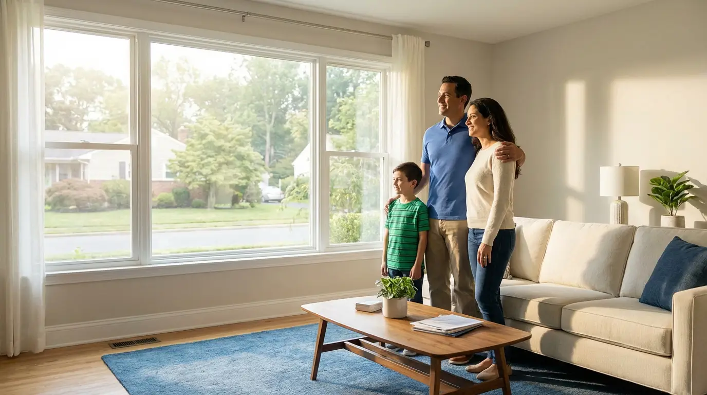 A smiling family (parents and son) stands in their sunlit living room, looking out a large window towards a bright future.