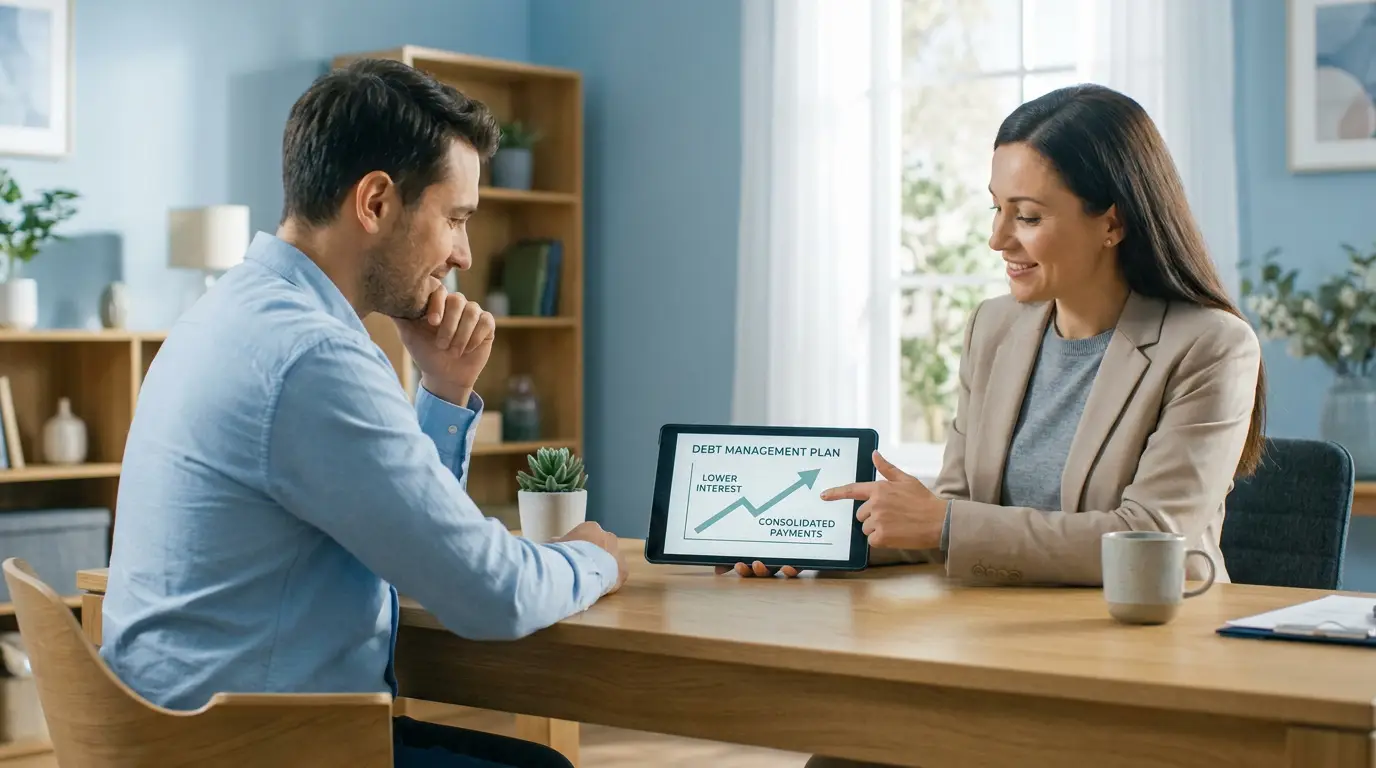 Man and woman review a tablet showing a "Debt Management Plan" with "Lower Interest" and "Consolidated Payments" on a graph.