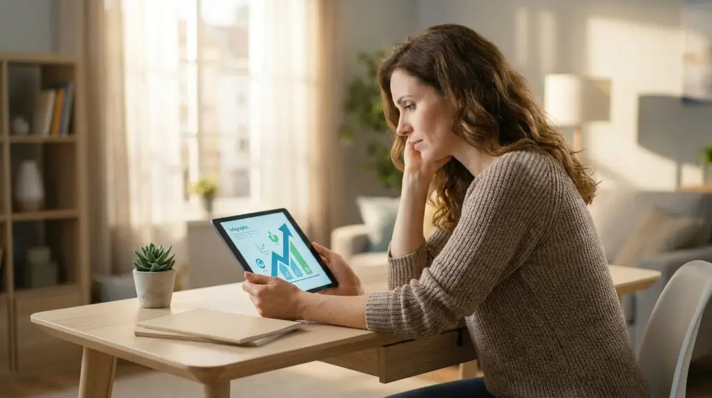 Thoughtful woman analyzes an infographic displaying growth trends on a tablet, potentially understanding national debt relief.